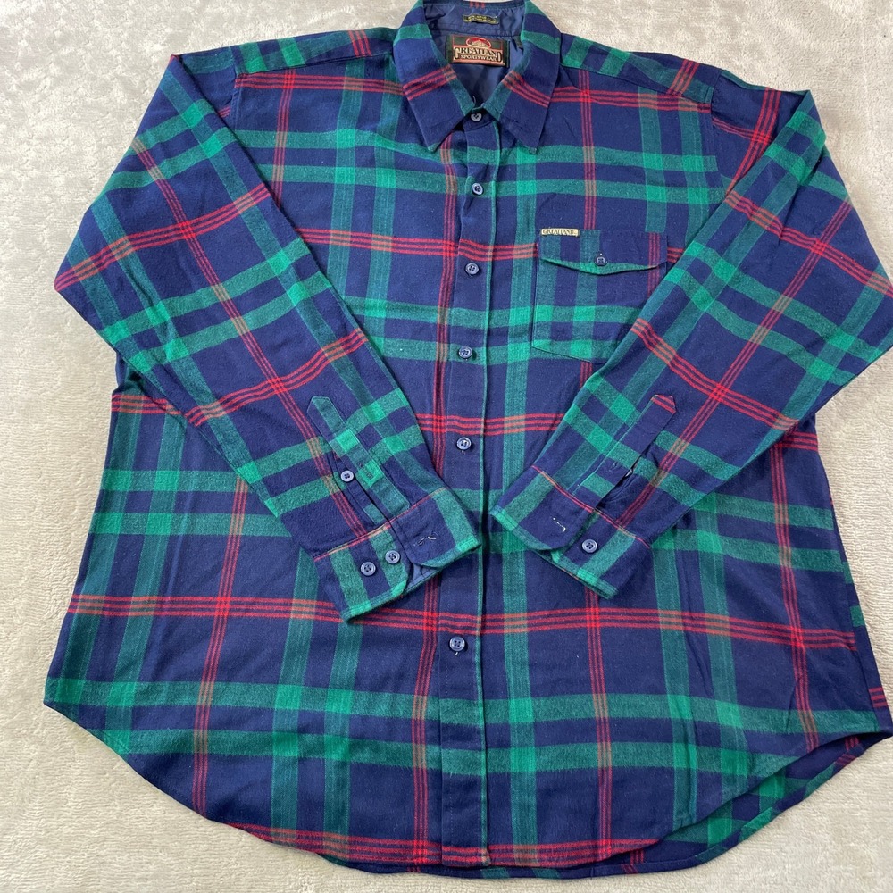 Vintage Greatland Sportswear  Flannel Shirt Men XL Blue Plaid Acrylic 80s Pocket